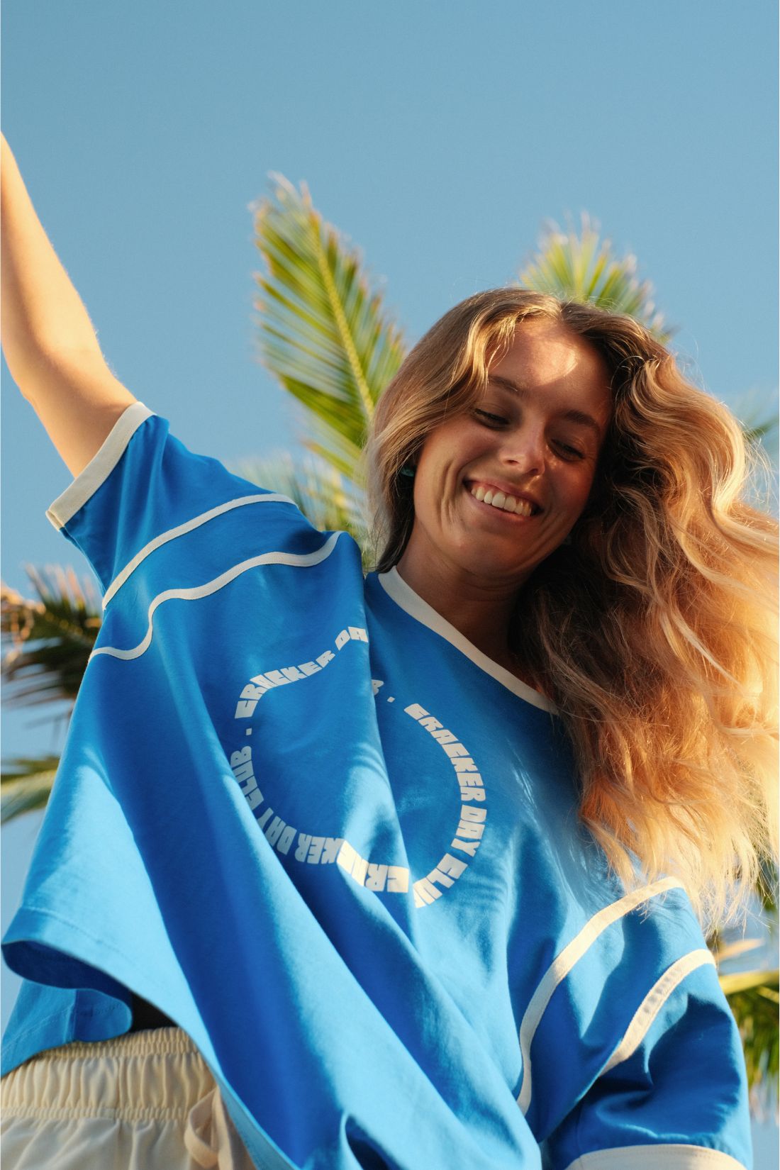 oversize blue tee shirt with white hem by cracker day club