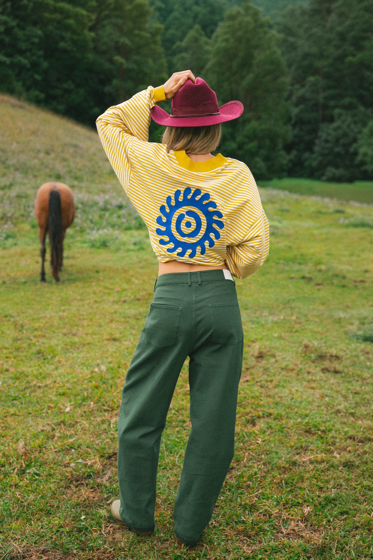 A person standing in a grassy field with trees in the background, wearing a yellow striped cropped sweatshirt with a blue spiral graphic on the back, green pants, and a burgundy hat.