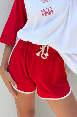 womens retro red shorts with white ties and piping