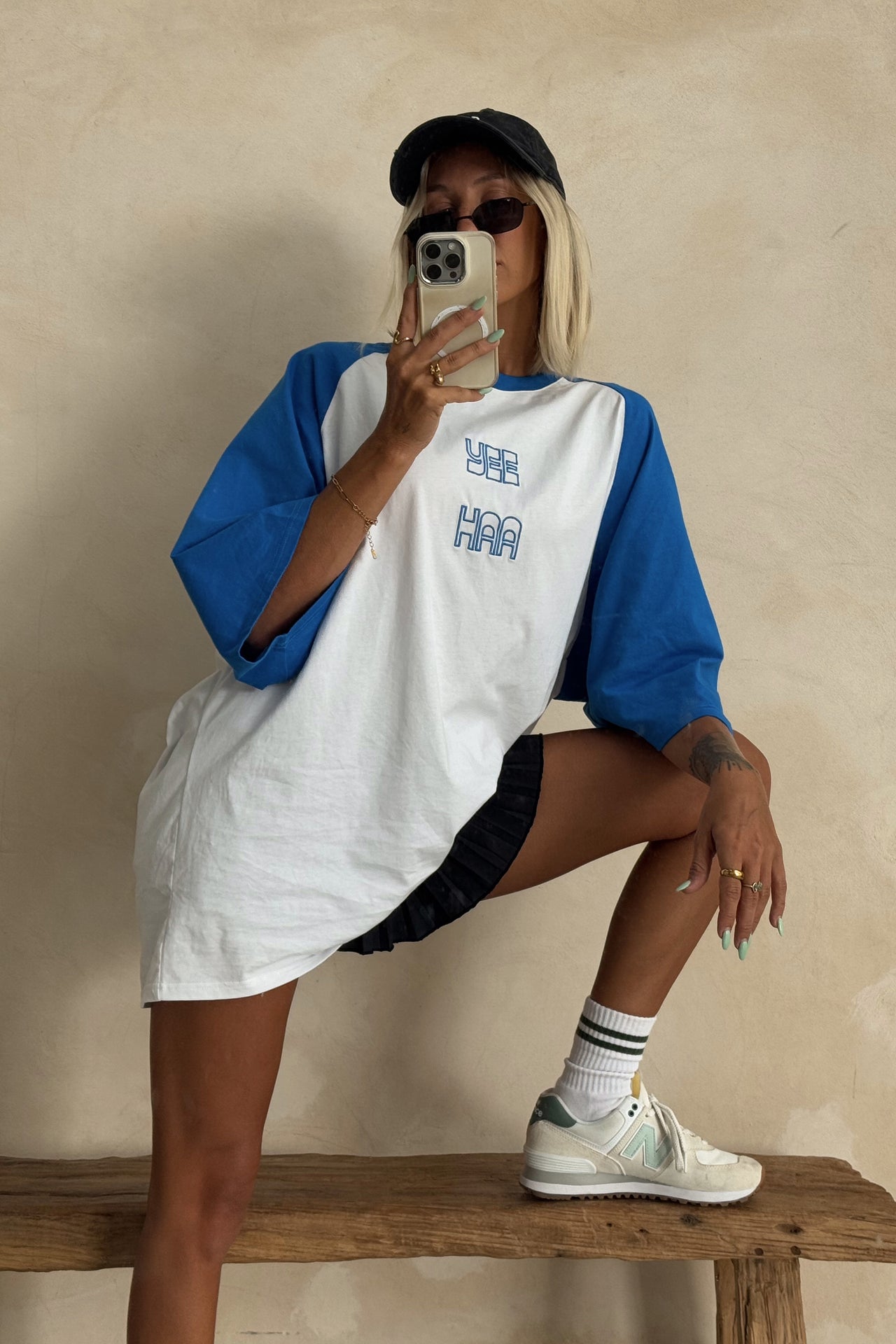 womens oversized raglan tee shirt with embroidery saying yee haa in white and blue